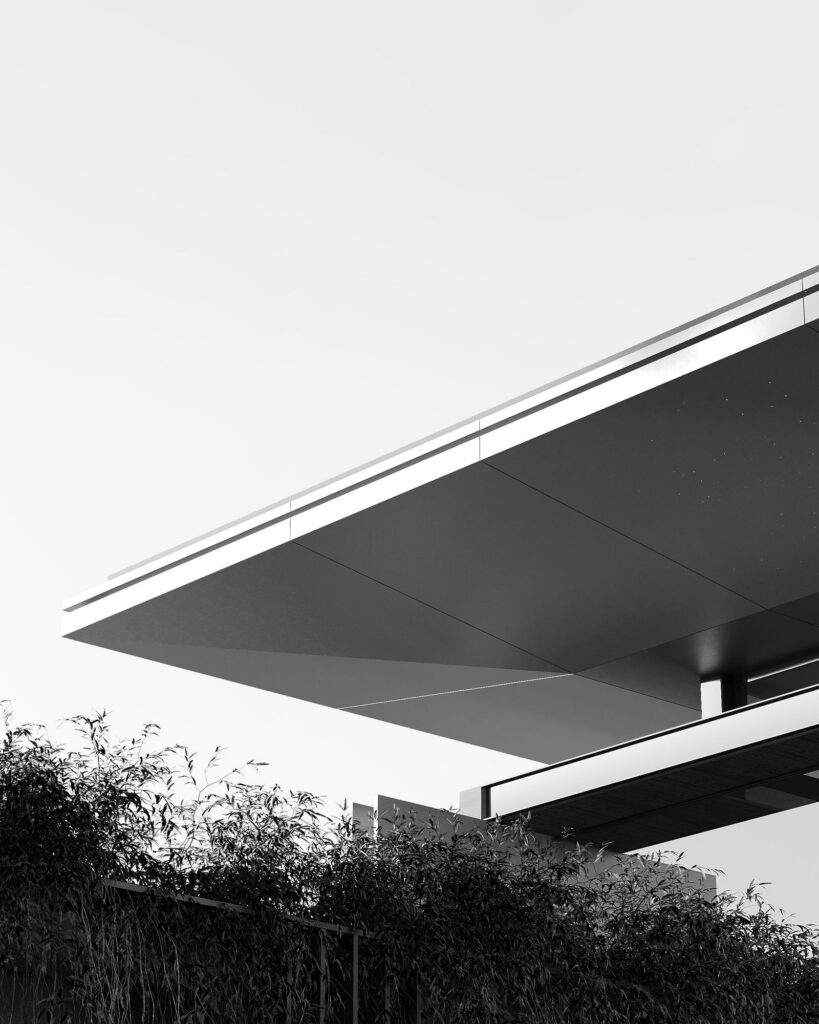 Detail view of a sharp cantilevered roof edge in black and white, with clean geometric lines set against a plain sky and softened by foliage below.