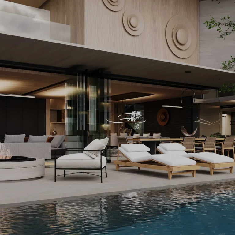 House Mothibe – poolside lounge with a fire pit, wooden sun loungers, and grey sofa seating, opening into a dark-toned dining and living area with sculptural decor and circular wood wall art.