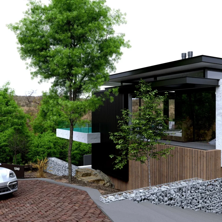 Ramokgopa – exterior with a cantilevered concrete pool deck, black vertical slat cladding, timber-clad wall, and gabion stone retaining walls set into a wooded slope.